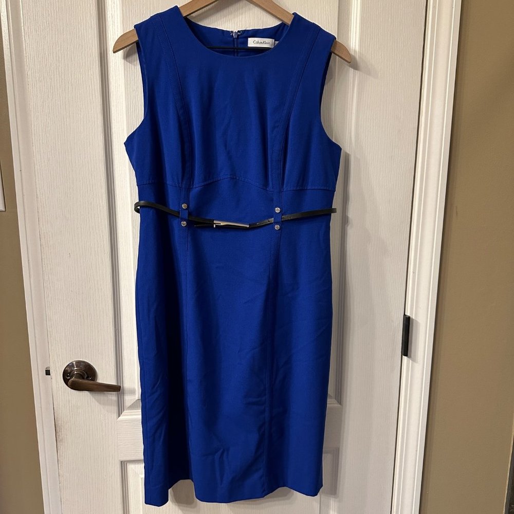 Calvin Klein | 12 Blue Belted Fitted Sheath Dress Career Ponte Knee Length - Picture 1 of 7